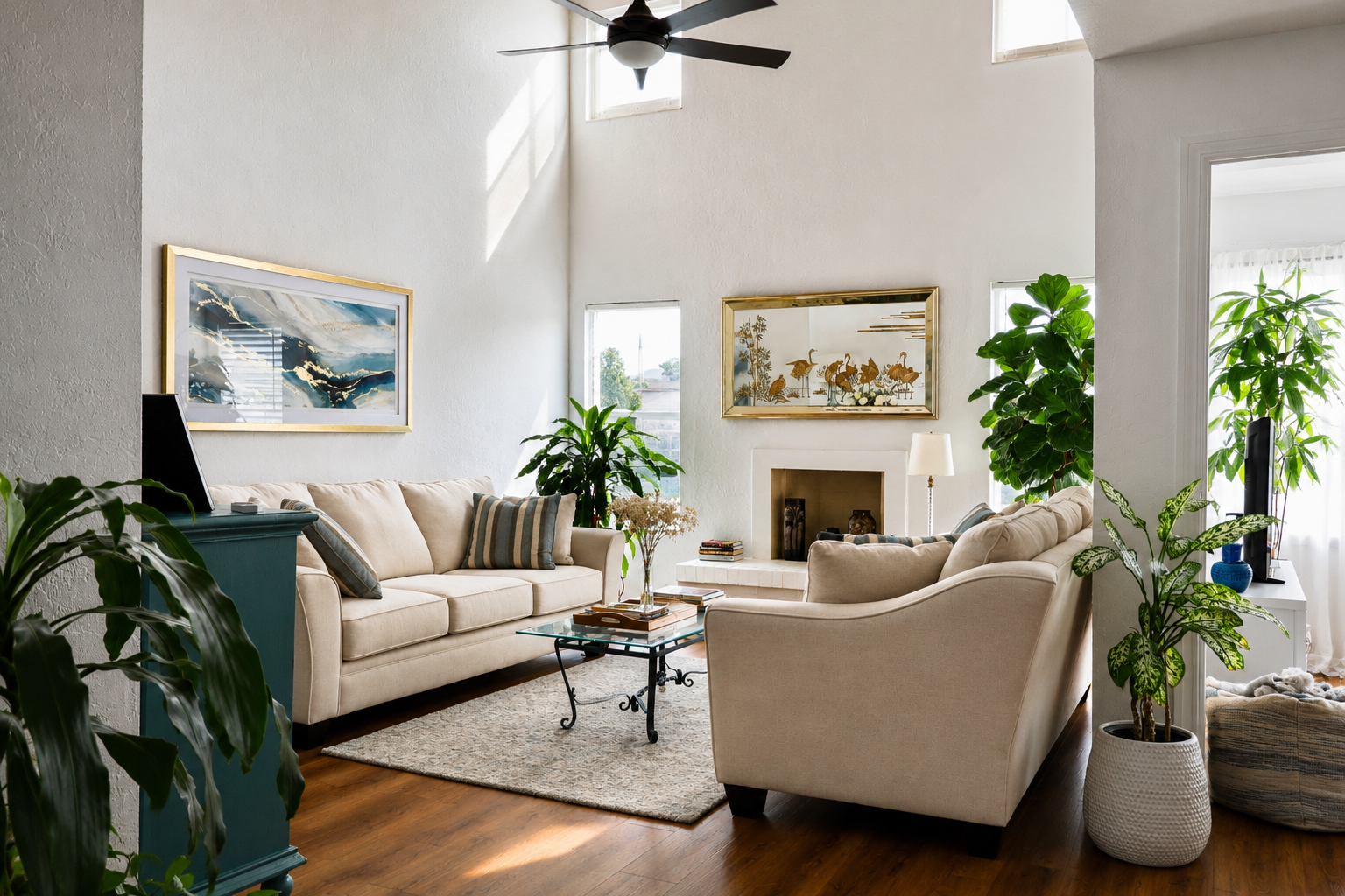 Bright living room with vaulted ceiling